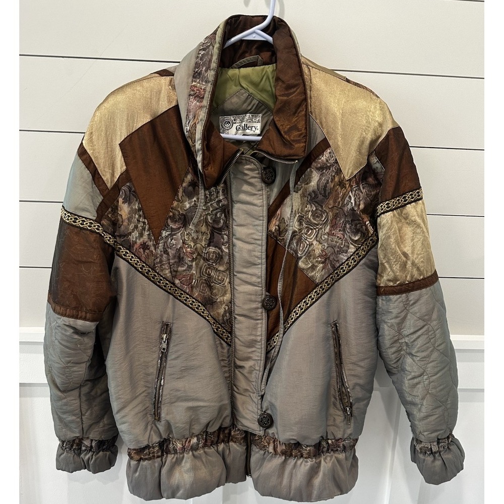 Vintage 80s J Gallery Quilted Patchwork Puffy Bomber Jacket Womens Size M